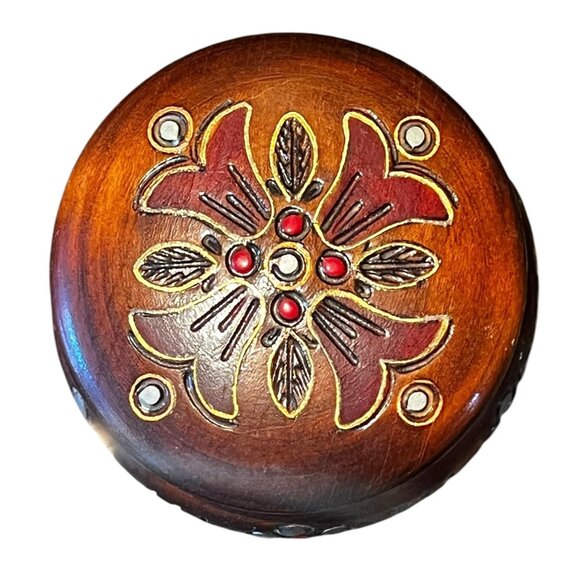 Handcrafted Polish Wooden Jewelry Box With Intricate Floral Design & Red Accents - Picture 5 of 8